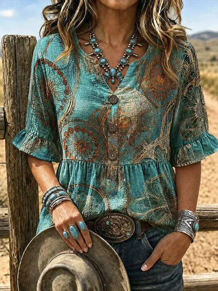 Women Floral Vintage Shirt Half Sleeve Top