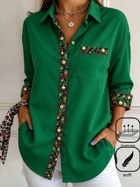 Women Christmas Casual Shirt Shirt Collar Long Sleeve Top