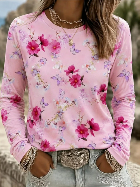Casual Floral Crew Neck Long Sleeve T-shirt