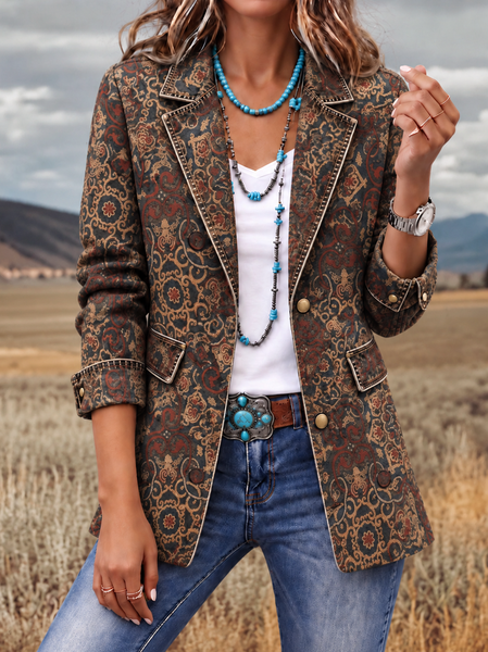 Women Spring/Fall Outerwear Vintage Ethnic Long Sleeve Lapel Collar Jacket