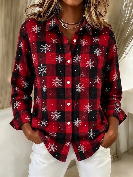 Women Plaid Vintage Shirt Shawl Collar Long Sleeve Printing Top