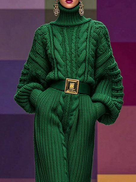 Casual Solid Cable Knit Turtleneck Chunky Lantern Sleeve Loose Sweater