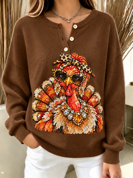 Women Turkey Henley Collar Printing Casual Spring/Fall Long Sleeve Sweatshirt