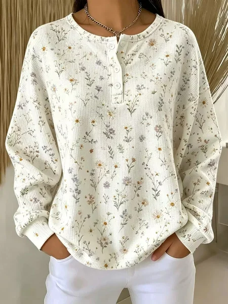 Women Floral Henley Collar Printing Casual Spring/Fall Long Sleeve Sweatshirt