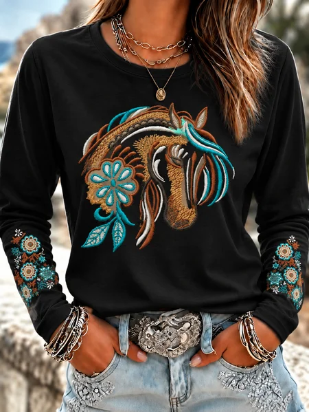 Casual Ethnic Crew Neck Long Sleeve T-shirt