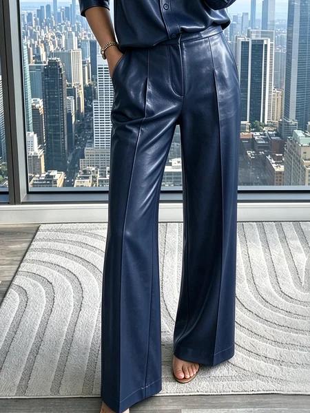 Urban Solid PU Leather High Waist Straight Leg Long Pants