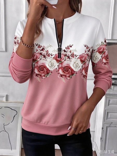 Women Floral Crew Neck Printing Casual Spring/Fall Long Sleeve Sweatshirt