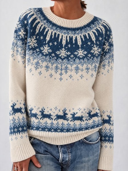Women Geometric Casual Long Sleeve Crew Neck Winter Sweater