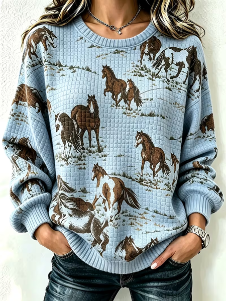 Women Horse Crew Neck Printing Vintage Spring/Fall Long Sleeve Sweatshirt