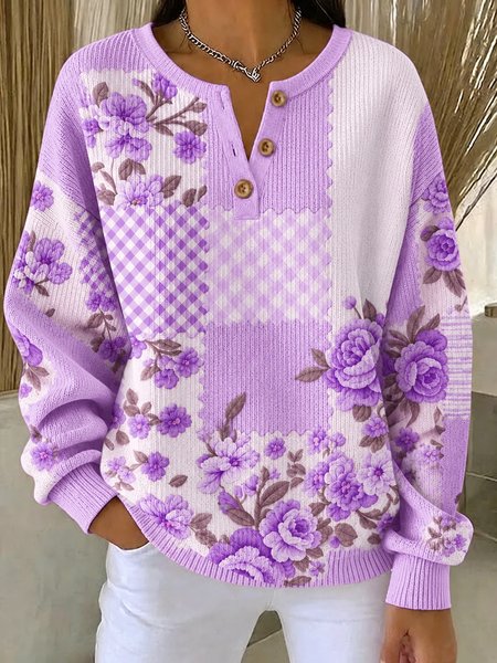 Women Floral Henley Collar Printing Casual Spring/Fall Long Sleeve Sweatshirt