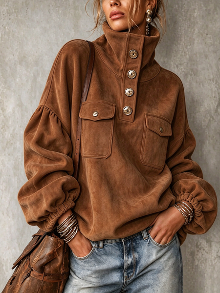 Suede Urban Plain Button Detail Turtleneck Faux Leather Top