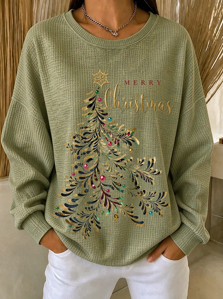 Women Christmas Tree Crew Neck Casual Spring/Fall Long Sleeve Sweatshirt