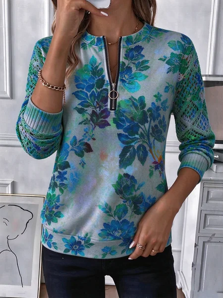 Women Floral Crew Neck Printing Casual Spring/Fall Long Sleeve Sweatshirt