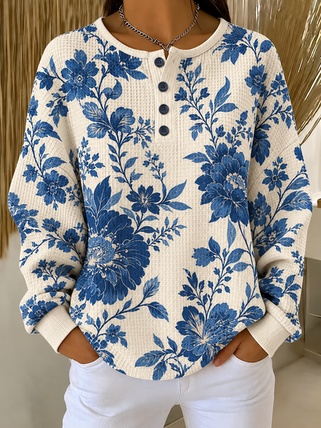 Women Floral Henley Collar Casual Spring/Fall Long Sleeve Sweatshirt