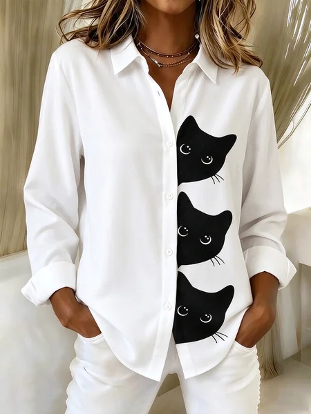 Women Animal Casual Shirt Shirt Collar Long Sleeve Buckle Top