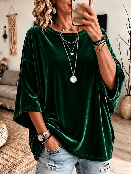 Women Plain Three Quarter Sleeve Tee T-shirt Crew Neck Casual Spring/Fall Top