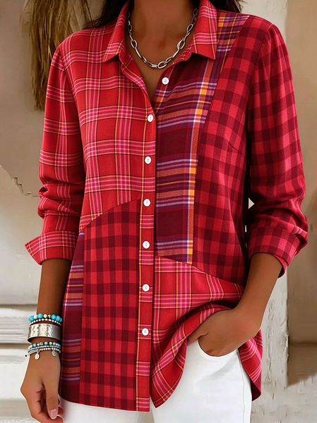 Women Plaid Shirt Collar Long Sleeve Shirt Buckle Regular Sleeve Casual Daily Spring/Fall Top