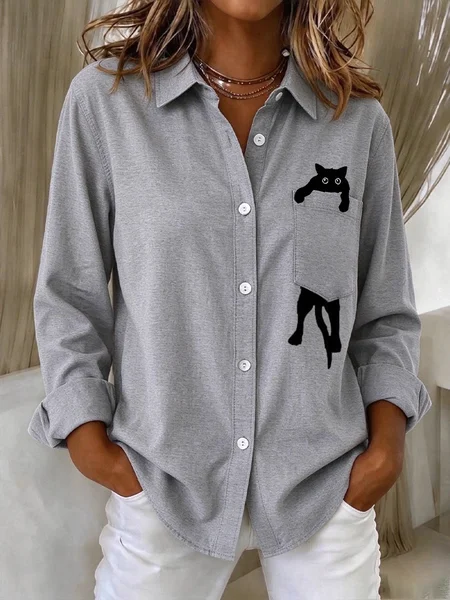 Women Cat Vintage Shirt Shawl Collar Long Sleeve Printing Top