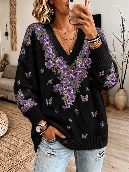 Casual Floral V Neck Long Sleeve Sweatshirt