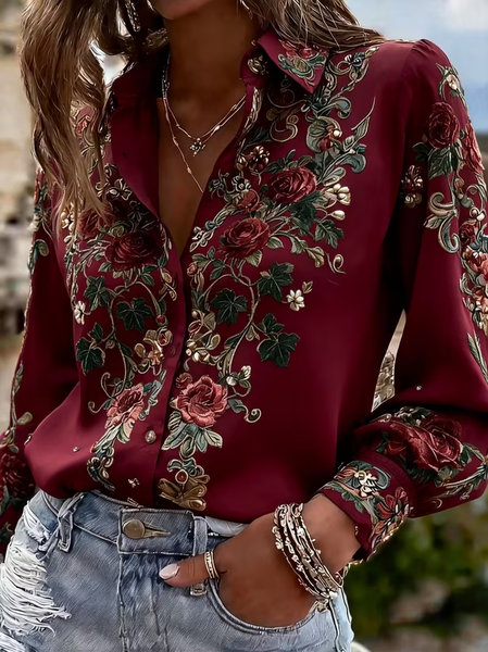Women Floral Casual Shirt Shirt Collar Long Sleeve Buckle Top