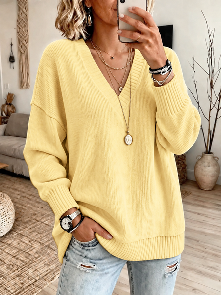 Women Plain V Neck Casual Spring/Fall Long Sleeve Sweatshirt