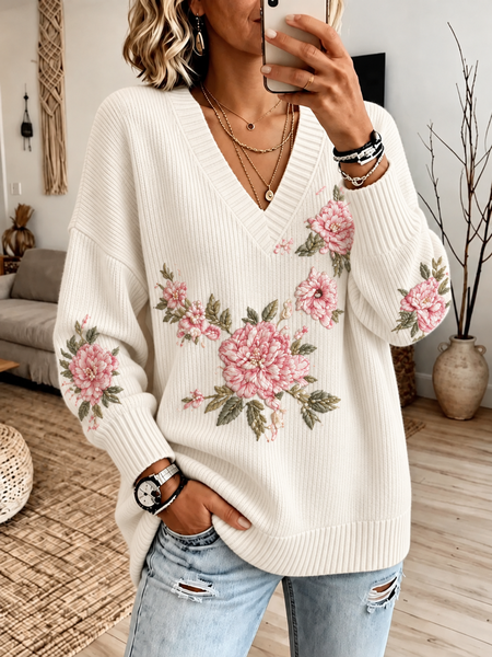 Casual Floral V Neck Long Sleeve Sweatshirt