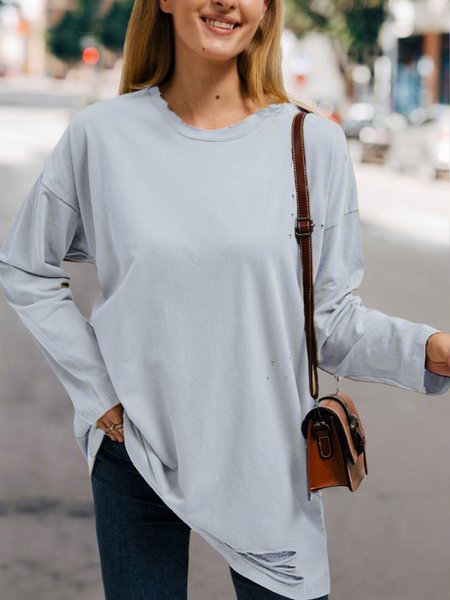 

Casual Round Neck Long Sleeve Shirts & Tops, White, Tops