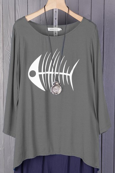 

Casual Long Sleeve Cotton Crew Neck Tops, Gray, Long sleeve tops