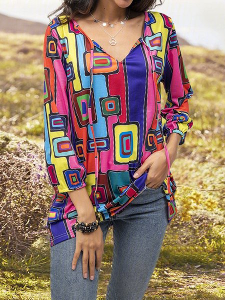 

Long Sleeve Crew Neck Abstract Shirts, Red, Long sleeve tops