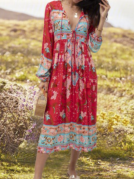 

Long Sleeve Cotton Holiday V Neck Weaving Dress, Red, Floral Dresses
