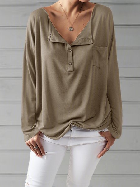 

Cotton-Blend Long Sleeve Casual V Neck Tops, Khaki, Long sleeve tops