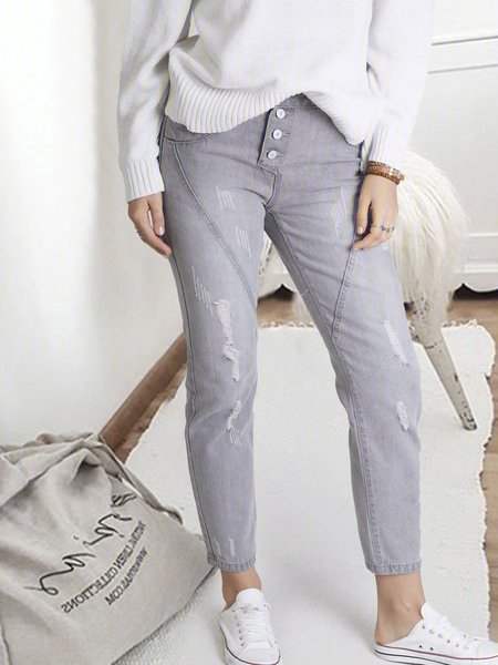 

Buttoned Patchwork Denim Pants, Gray, Bottoms