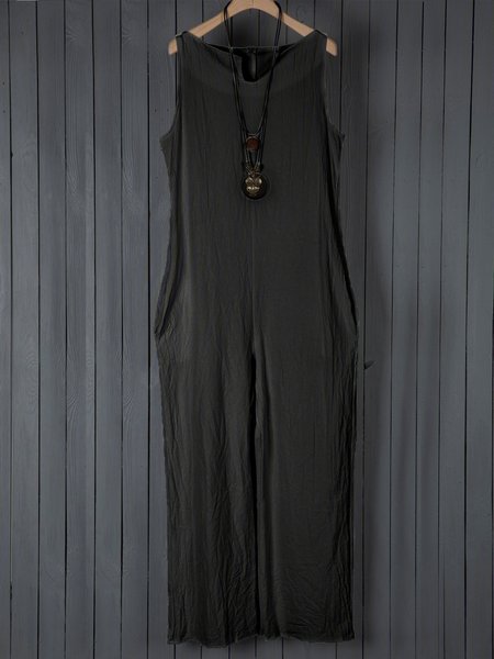 

Plus Size V Neck Solid Sleeveless Beach Resort Jumpsuits Rompers, Black, Jumpsuits＆Rompers