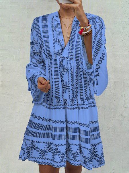 

Summer Fashion Women Bell Sleeves Printed Holiday Dress, Navy blue, Print Dress