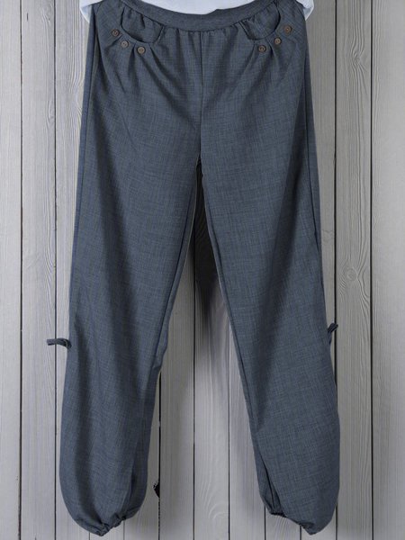 

Solid Casual Buttoned Cotton Pockets Plus Size Pants, Blue, Pants