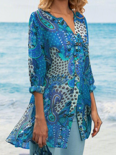 

Geometrico Stampato Casuale Sciolto taglia grande Camicetta Chiffon Camicie, Blu, Blouses & Shirts