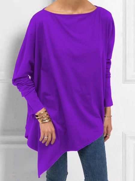 

Asymmetrical Cotton-Blend Plain Long Sleeve Top, Purple, Tops