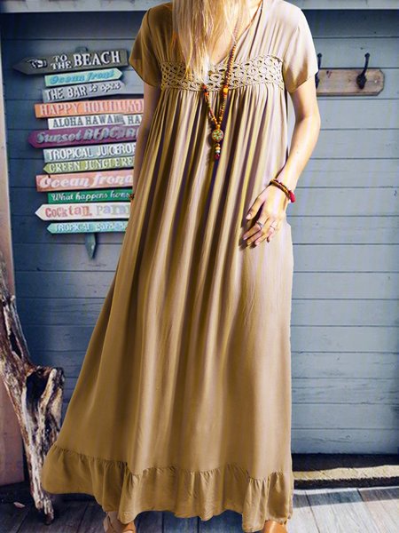 

Patchwork V Neck Short Sleeve Weaving Dress, Light coffee, Casual Dresses