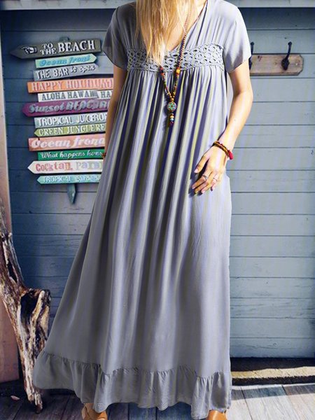 

Patchwork V Neck Short Sleeve Weaving Dress, Blue gray, Casual Dresses
