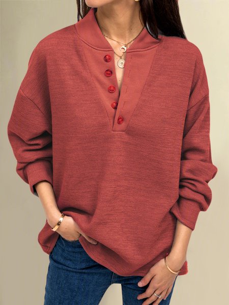 

taglia grande Tinta unita Abbottonato Maniche Lunghe Casuale Top, Vino rosso, Knitwear