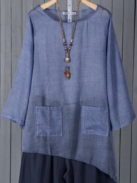

Casual Long Sleeve Crew Neck Linen Pockets Blouse, Blue, Shirts & Blouses