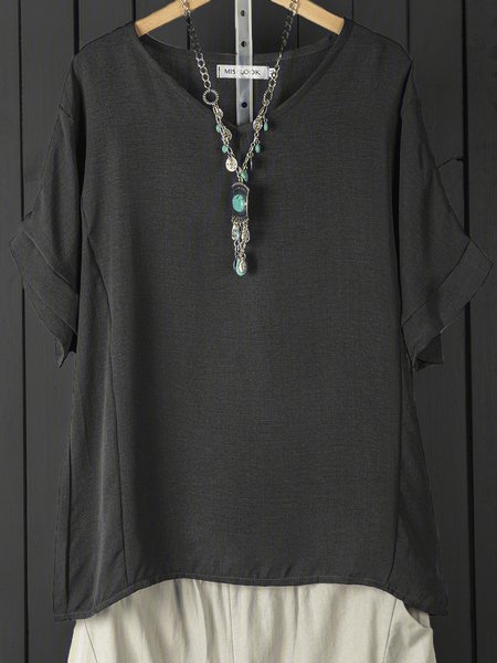 

Plus Size Linen Cotton-Blend Women Summer T-shirts, Black, Tops