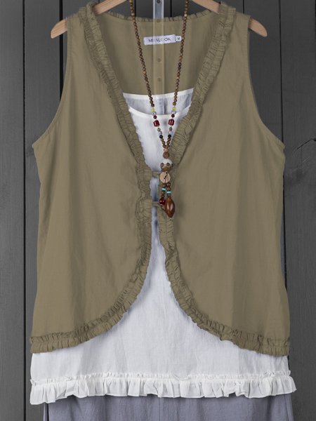 

Buttoned Ruffled Sleeveless Linen Solid Blouse, Khaki, Shirts & Blouses