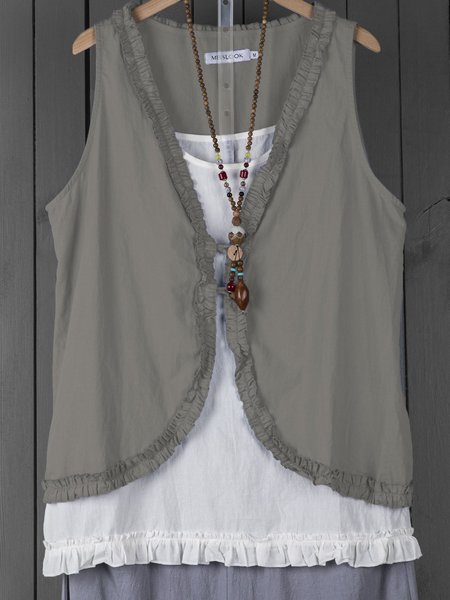 

Buttoned Ruffled Sleeveless Linen Solid Blouse, Gray, Blouses & Shirts