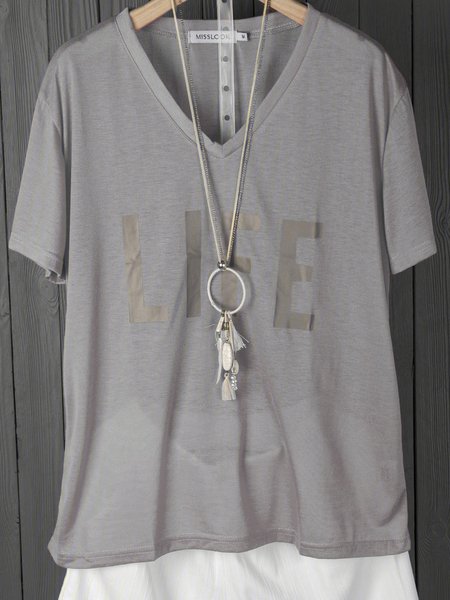 

Letter Short Sleeve Casual Cotton Shirts & Tops, Gray, T-Shirts