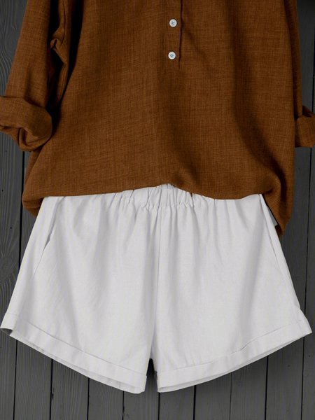 

Summer Shorts Pockets Elastic-waist Casual Shorts, White, Shorts