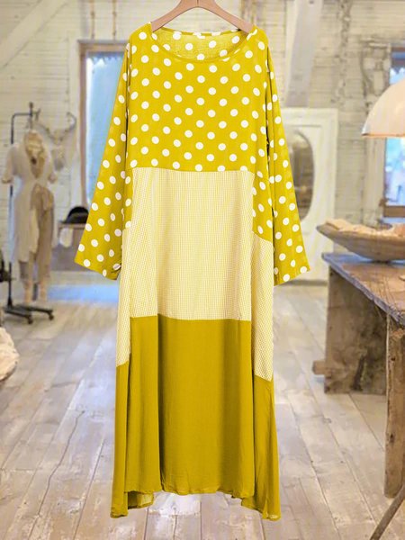 

Casual Long Sleeve Shift Polka Dots Weaving Dress, Yellow, Casual Dresses