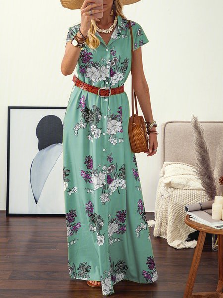 

Shirt Collar Women Dresses Shift Daily Cotton-Blend Floral Dresses, Green, Boho dresses