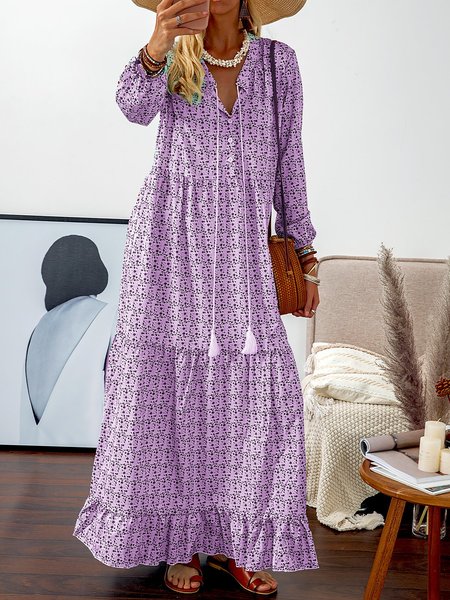 

Women Shift Boho Floral Maxi Weaving Dress Long Sleeve V Neck Daily Weaving Dress, Purple, Casual Dresses