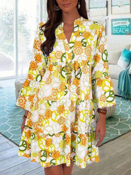 

V Neck Buttoned Down Abstracy Printed Weaving Dress, Orange, Tie dye dress